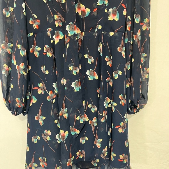 Betsey Johnson Navy Floral Mini Dress Neck Tie Sheer Long Sleeves V Neck Size 6 - Picture 6 of 13